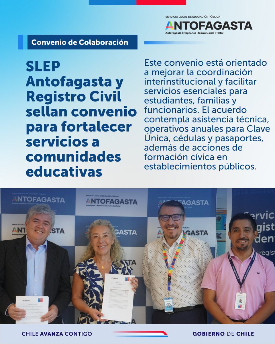 ¡Buenas noticias! 
SLEP Antofagasta y Registro Civil firman convenio que permitirá acercar trámites y operativos a las comunidades educativas una vez concretado el traspaso.