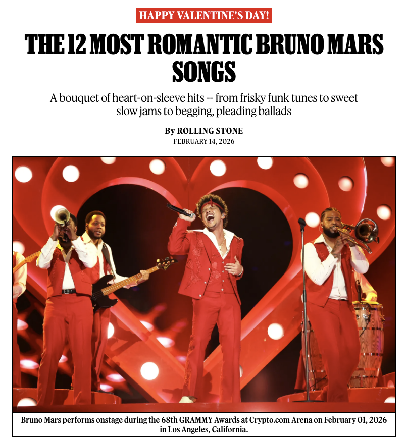RollingStone's tweet photo. Bruno Mars is so romantic, his upcoming album is literally called 'The Romantic.'

So let’s celebrate Valentine’s Day with Bruno’s 12 most romantic songs, from frisky funk tunes to sweet slow jams.

♥️ https://t.co/WgNdATAzM8 https://t.co/0WJZyO4wUB