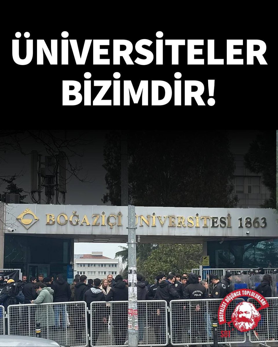 ÜNİVERSİTELER BİZİMDİR! 

Bugün Boğaziçi Üniversitesi’nde sergilenen karanlık tablo, sadece üniversitenin değil, memleketin kuşatılmışlığının resmidir. Üniversitenin asıl sahipleri;  akademisyenler ve öğrenciler kapılardan içeri dahi sokulmazken, Tayyip Erdoğan devasa bir polis