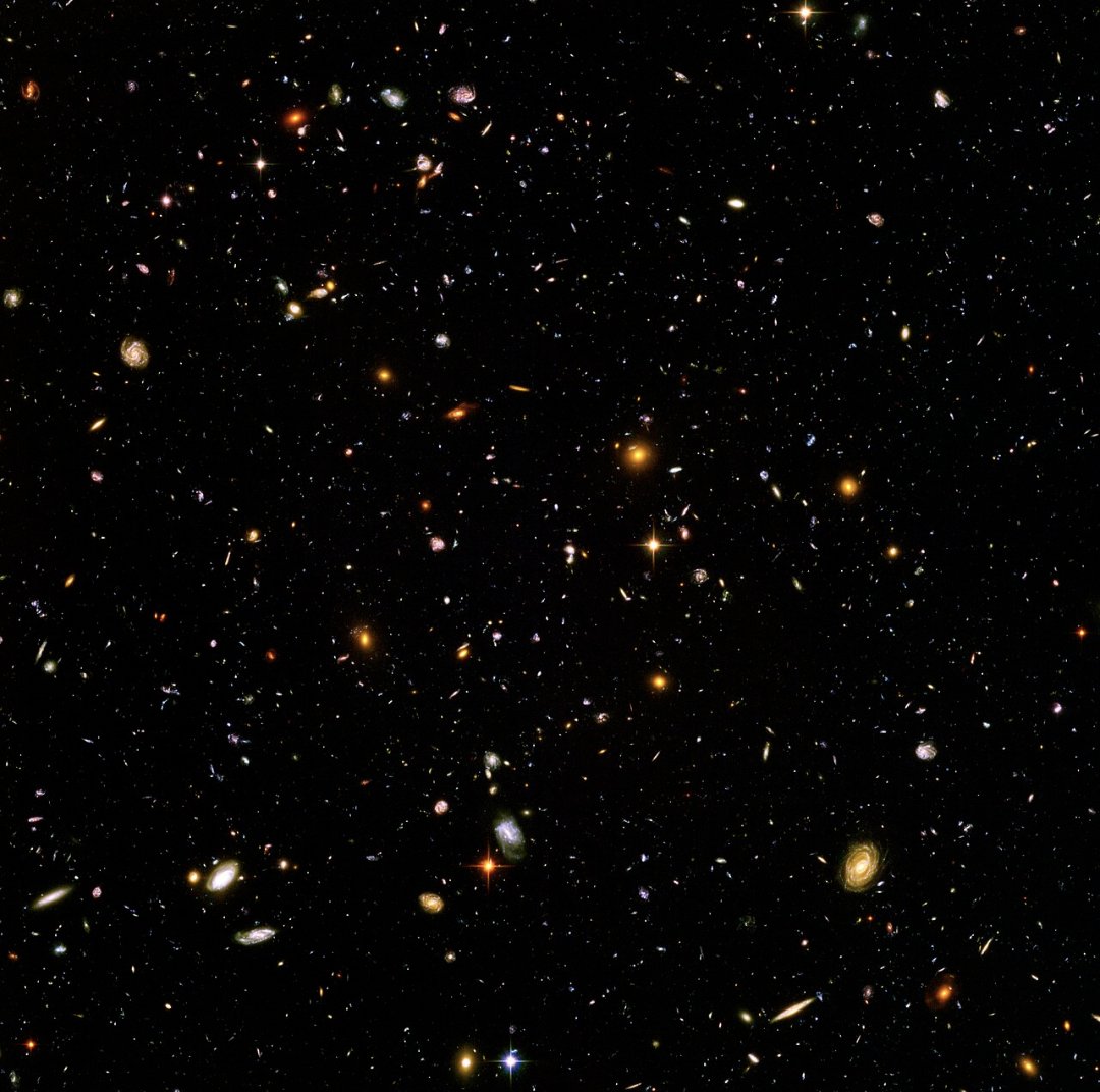 thiccphysicist's tweet photo. Astro News: This is less news, just stuff you should see. This is the Hubble Deep Field. Essentially every object and dot of light you see is a whole galaxy (~10k of them). This is a tiny spot in the sky, less than the size of your fingernail held out at arms length. https://t.co/UrgldImeyW