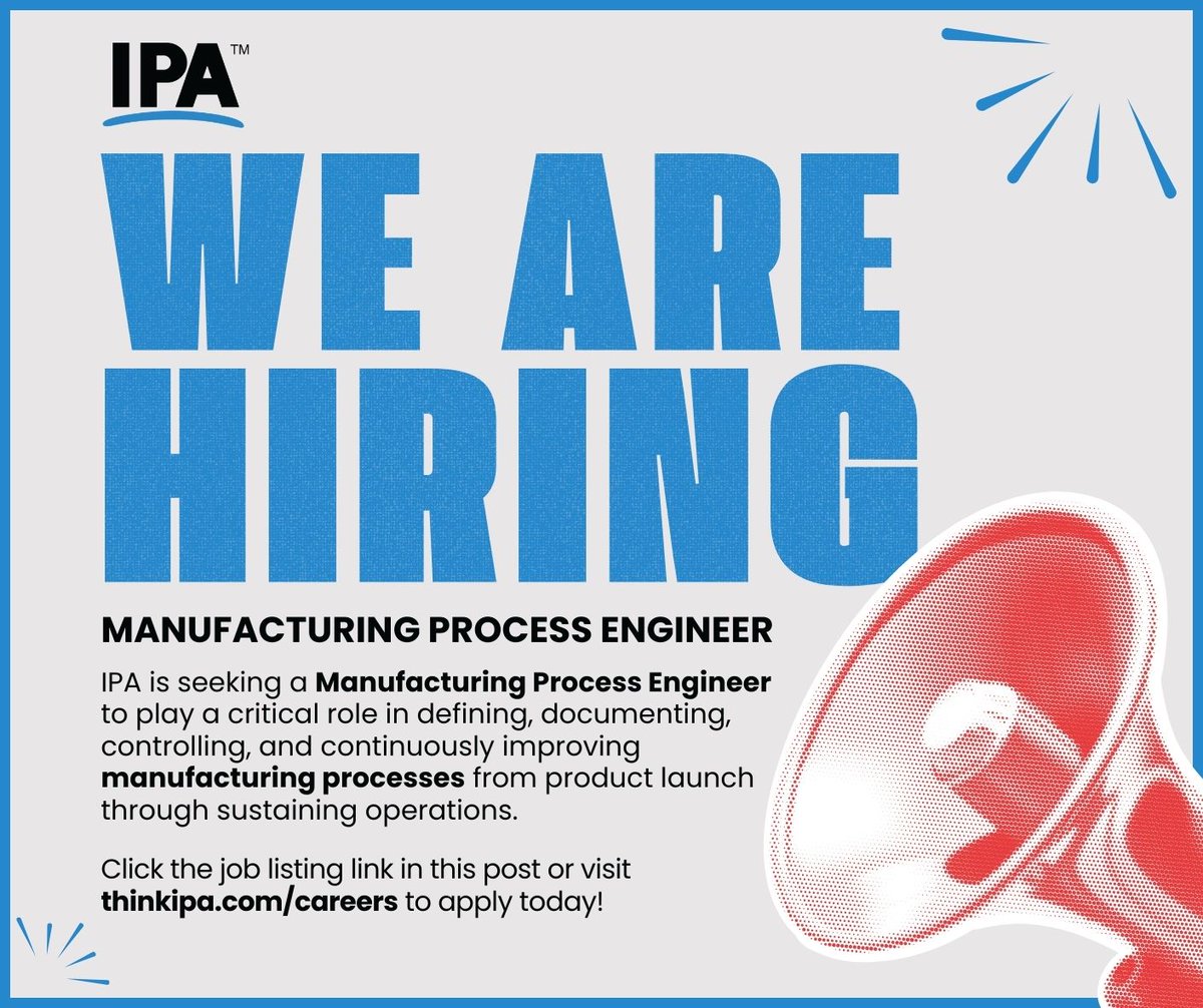 We're hiring! IPA is seeking a Manufacturing Process Engineer to play a critical role in defining, documenting, controlling, and continuously improving manufacturing processes from product launch through sustaining operations. 
recruiting.ultipro.com/ROP1001ROPER/J…

#JoinIPA #hiring #careers