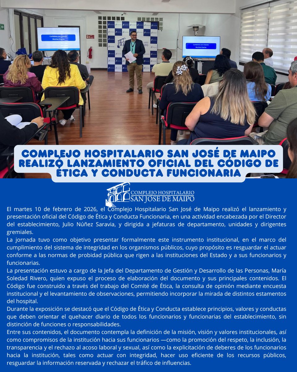 📘✨ CHSJM lanzó oficialmente su Código de Ética y Conducta Funcionaria
El martes 10 de febrero de 2026, el Complejo Hospitalario San José de Maipo realizó la presentación  de su Código de Ética y Conducta Funcionaria, instancia encabezada por el Director Julio Núñez Saravia.