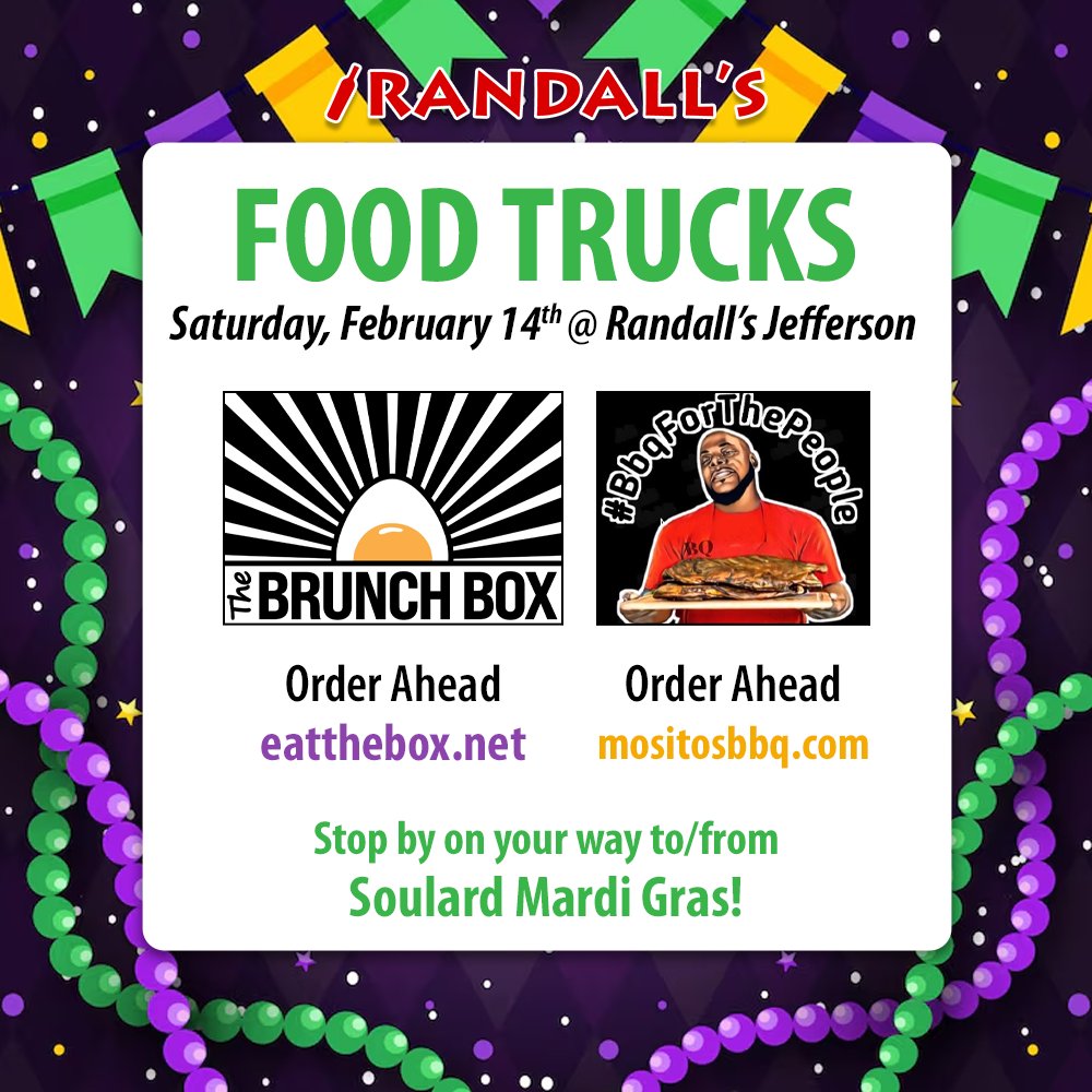 Food Trucks will be at Randall's Jefferson tomorrow. Stop by on your way to/from Soulard Mardi Gras!

🥩 Mositos BBQ
🍳 <a href="/GetTheBrunchBox/">The Brunch Box</a>