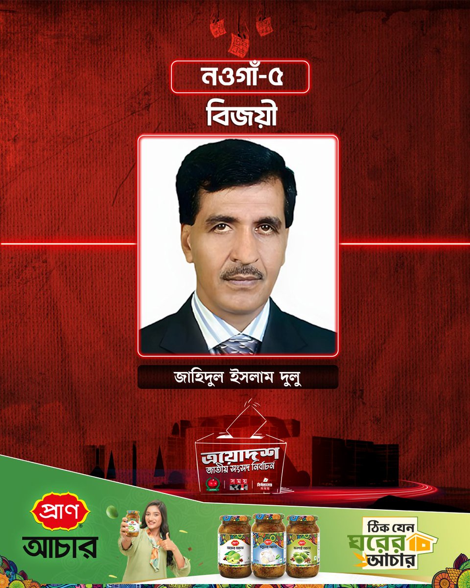 somoytv's tweet photo. নওগাঁ-৫ : বিএনপির জাহিদুল ইসলাম দুলু জয়ী

#election2026 #bdelection #winner #somoytv https://t.co/1YRIVLzXxV