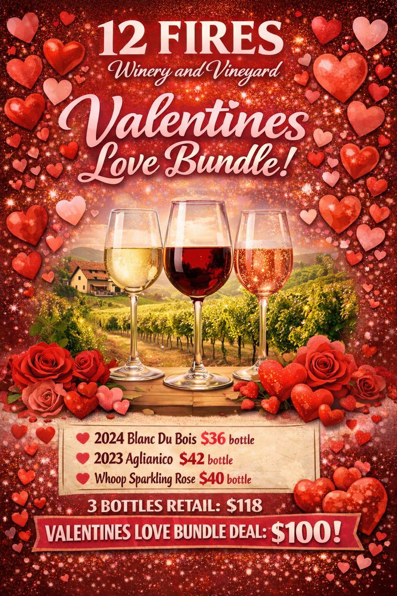 Valentine’s Love Bundle !

1st COURSE paired w/ Double Gold Blanc Du Bois

2nd COURSE paired w/ 2023 Aglianco

3rd COURSE paired w/ Whoop Sparkling Rose

RETAIL:  $118
VALENTINES DEAL $100

stop in the tasting room and check for availability.