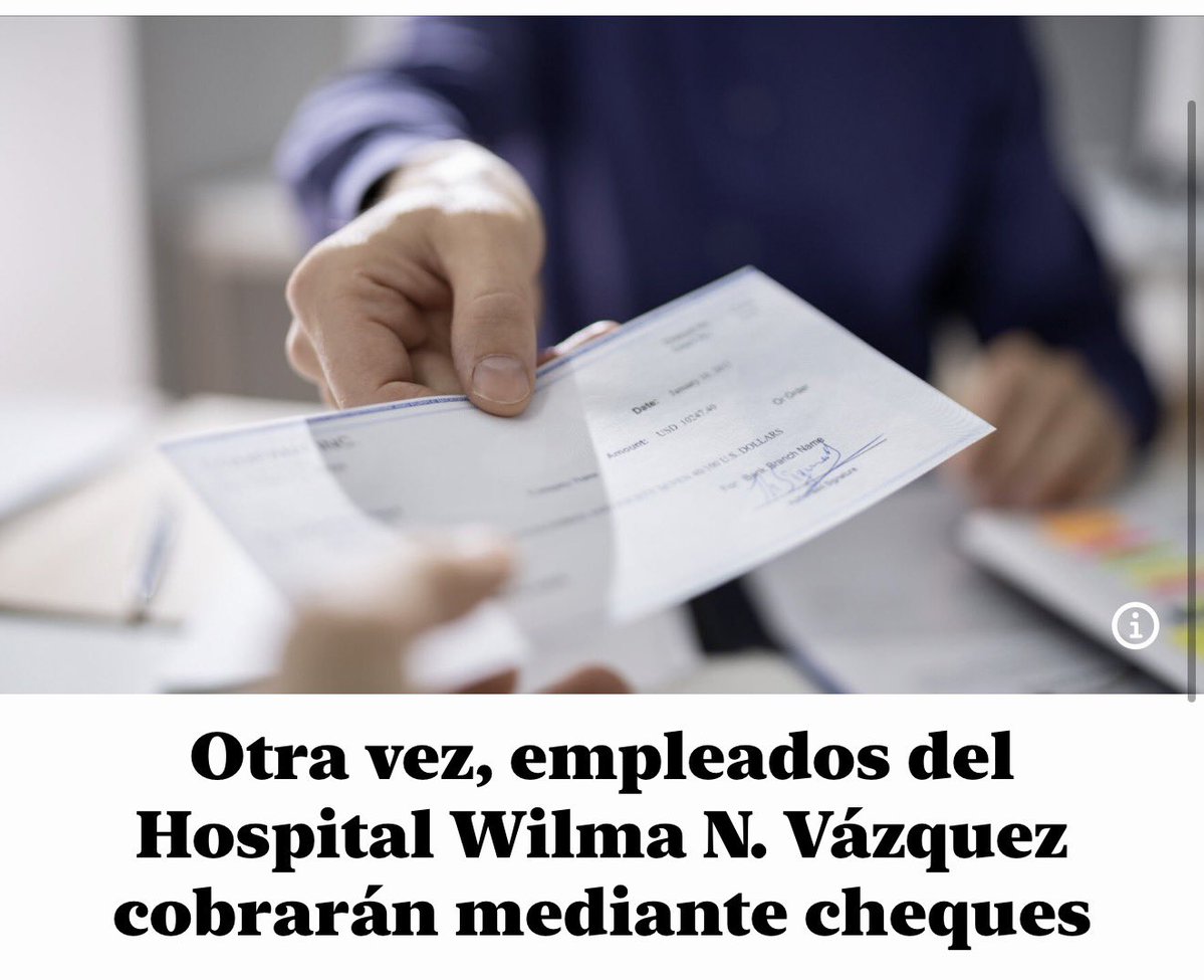 El Hospital Wilma N. Vázquez informó a sus empleados que la nómina de esta bisemana se pagará con cheque, entregándose hoy a las 4:30 p.m.  El hospital tiene sus fondos en Banco Popular, cuya sucursal de Vega Baja cierra a las 4:00 p.m. y el lunes es feriado.