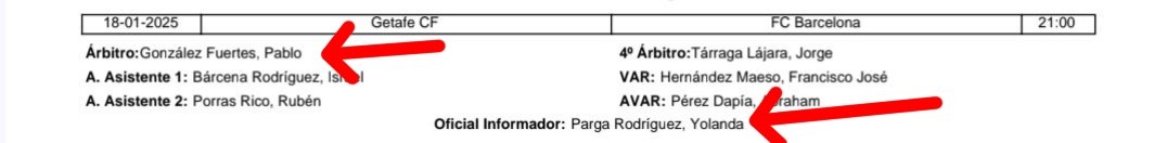 ¿Os cuento una "coincidencia"? El árbitro VAR de ayer era Pablo González Fuertes, el mismo que en Enero de 2025 arbitró un Getafe-Barça en el que no quiso ver un penalti clamoroso a Kounde. En ese partido, la informadora arbitral era... Yolanda Parga 😳