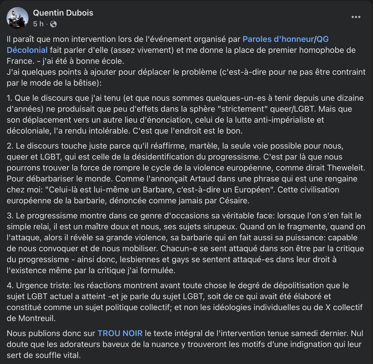Quentin Dubois a demandé à ce que sa réponse soit reprise sur twitter, la voici :