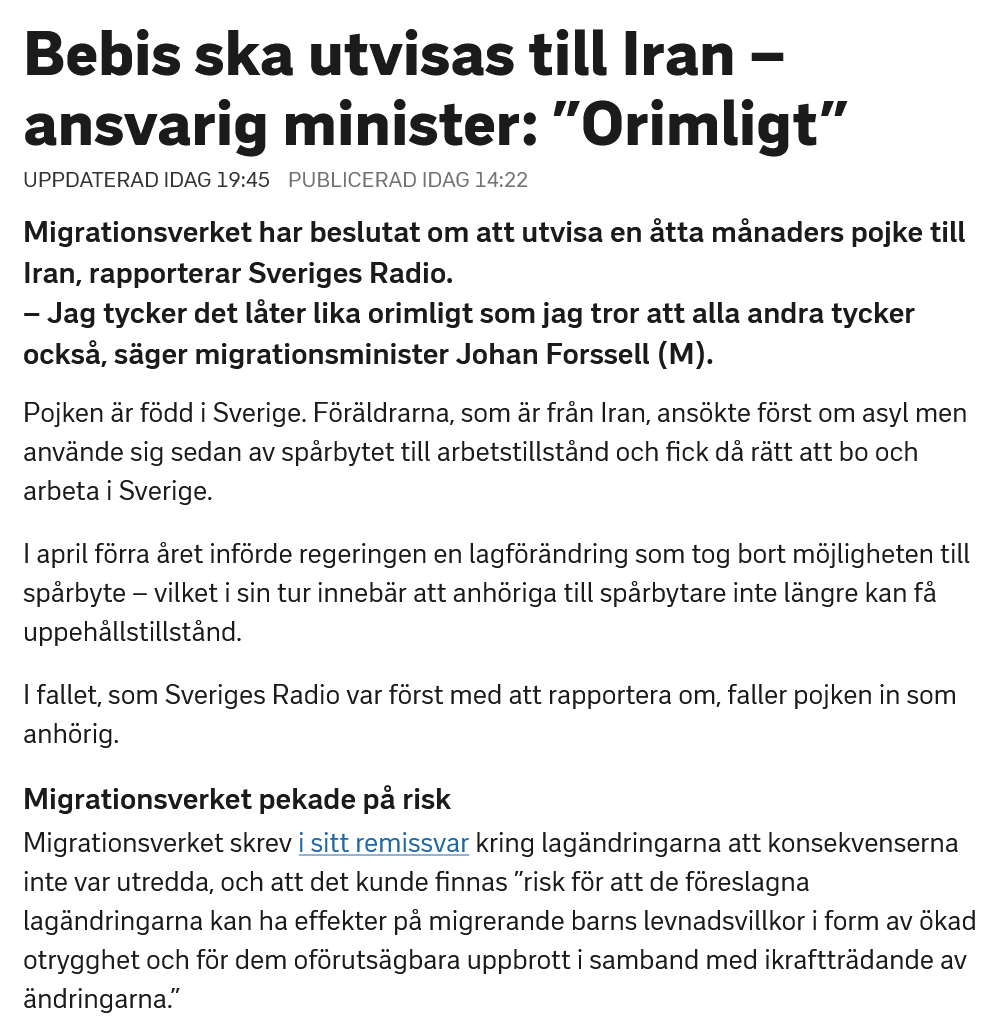 Tidö har alltså varit medvetna om konsekvenserna av sin lagändring innan de fattade beslut. De perversa utvisningarna som kan få vem som helst att bli illamående är alltså inte en bug i systemet - de än feature. Man vill rensa Sverige på personer som inte är etniskt önskvärda.