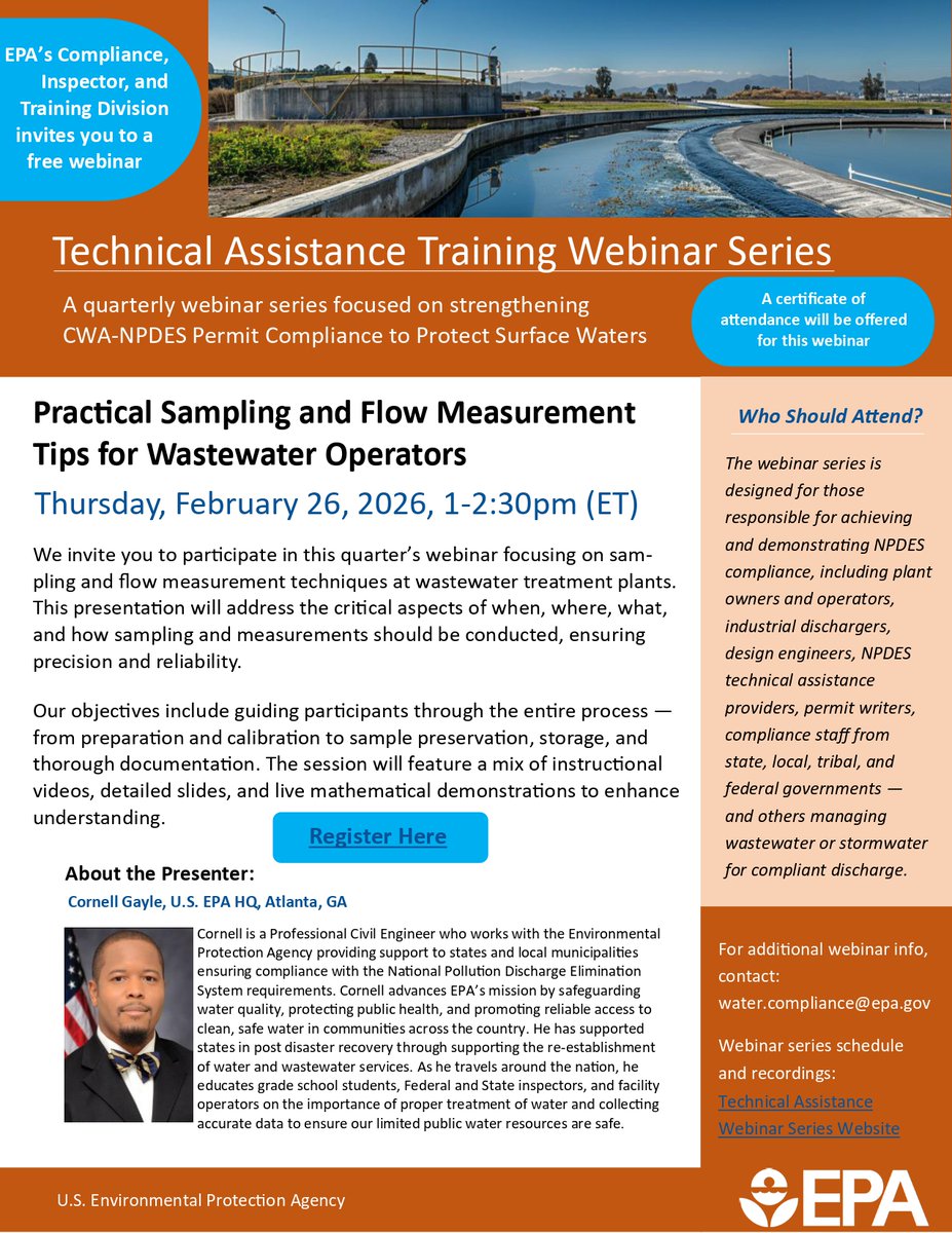 Practical Sampling and Flow Measurement Tips for Wastewater Operators
Thursday, Feb 26 1-2:30pm (ET)

Register: usepa.zoomgov.com/webinar/regist…

EPA invites you to participate in this quarter’s webinar focusing on sampling and flow measurement techniques at wastewater treatment plants.