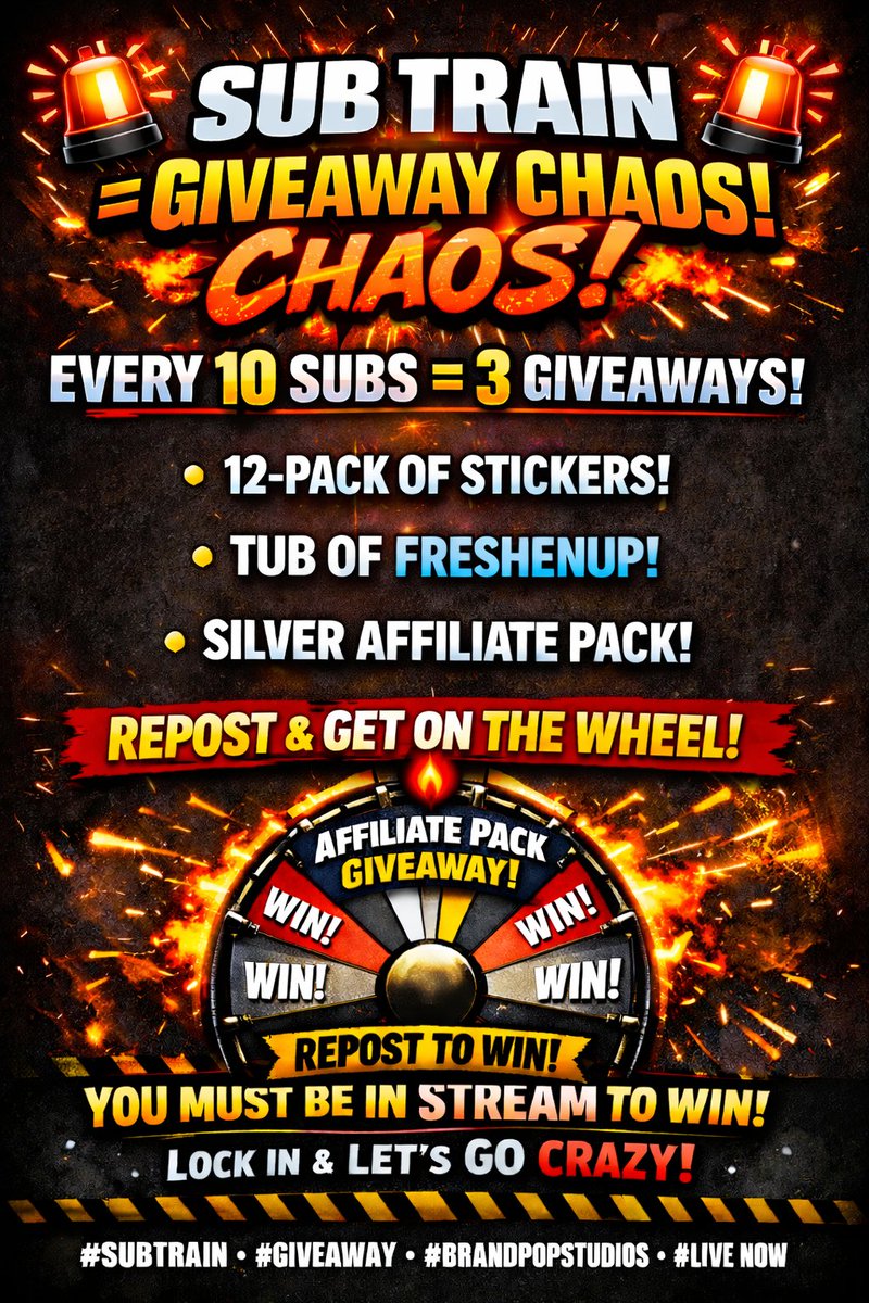 🚨🔥 SUB TRAIN = GIVEAWAY CHAOS 🔥🚨

EVERY 10 SUBS we’re doing THREE GIVEAWAYS 👀🎉

🎁 12-Pack of Stickers

🧴 Tub of FreshenUp

🥈 Silver Affiliate Pack

PLUS 👇

🔁 REPOST THIS TWEET and you’ll be added to THE WHEEL for a chance to win an Affiliate Pack 🎡🔥

⚠️ YOU MUST BE
