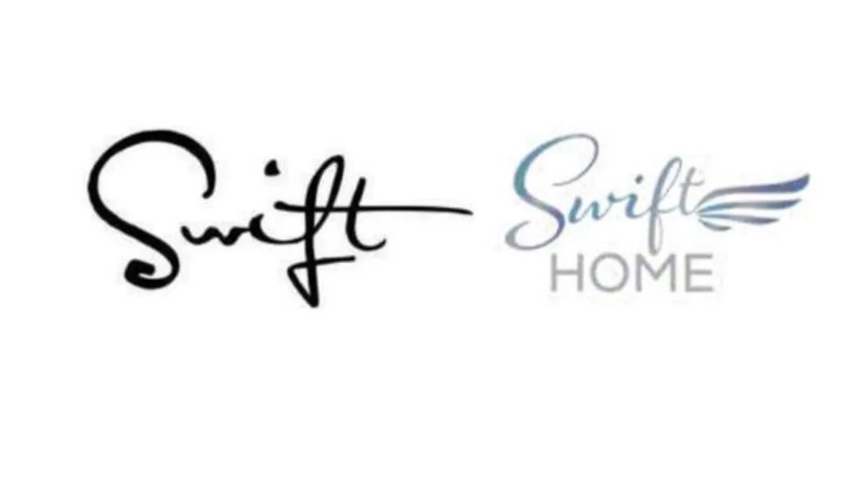 exilemiro's tweet image. taylor's original logo next to the swift home logo.