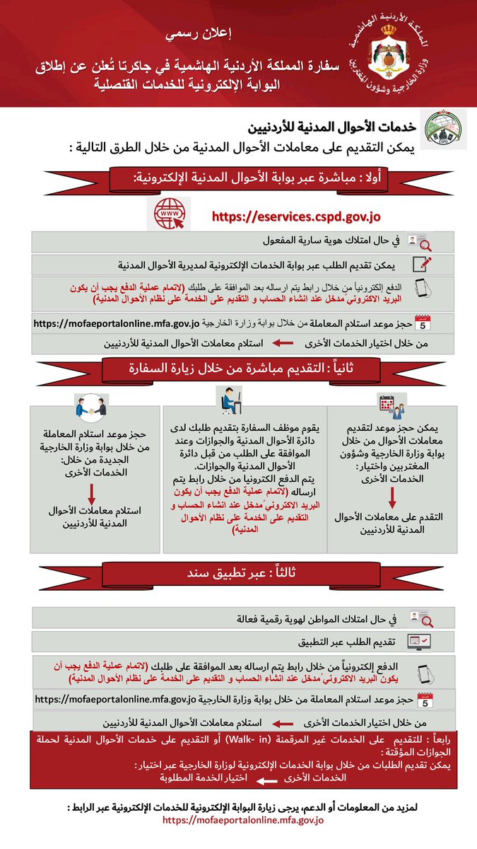 تعلن سفارة المملكة الأردنية الهاشمية في جاكرتا عن إطلاق البوابة الإلكترونية الجديدة للخدمات القنصلية اعتباراً من تاريخ ١٨/ ٢/ ٢٠٢٦ عبر الرابط التالي:
mofaeportalonline.mfa.gov.jo