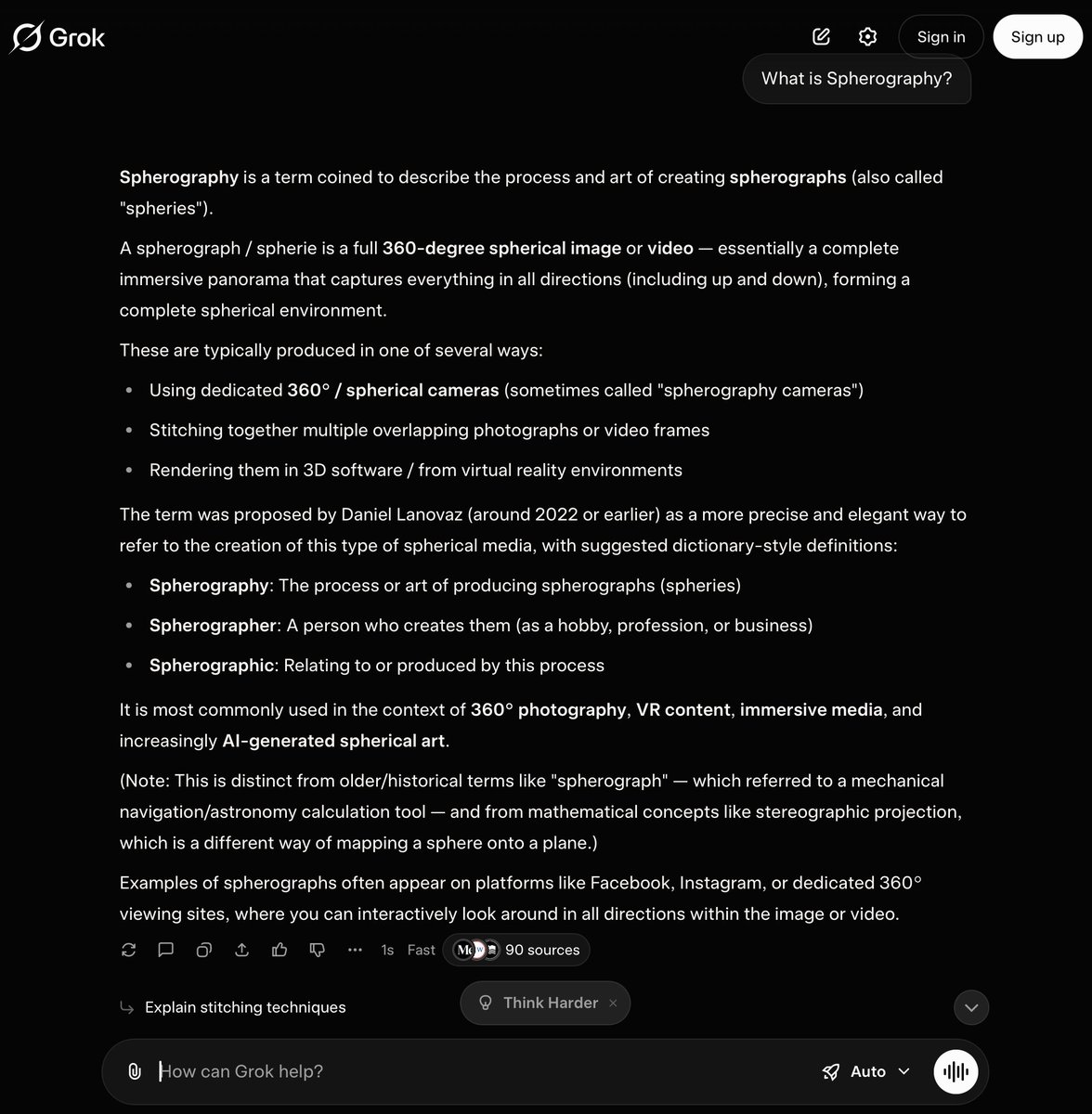 Spherography and Generative AI: "What is Spherography?" query sent to xAI's Grok. Progress with my words. Grok mentions Spherograph, Spherography, Spherographer, Spherographic, Spherie (short for Spherograph). Grok actually mentions my name as the one who coined the words.
Come