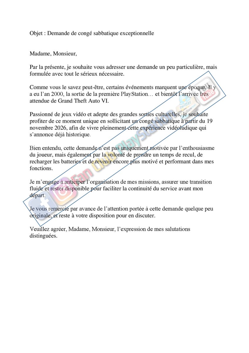 Suite à la sortie très attendue de #GTAVI, nous avons créé pour vous une lettre type prête à l’emploi pour formuler votre demande avec sérieux. Il ne vous reste plus qu’à la personnaliser et tenter votre chance dès maintenant.

#FanClubPlayStation #GTA 
<a href="/RockstarGames/">Rockstar Games</a>