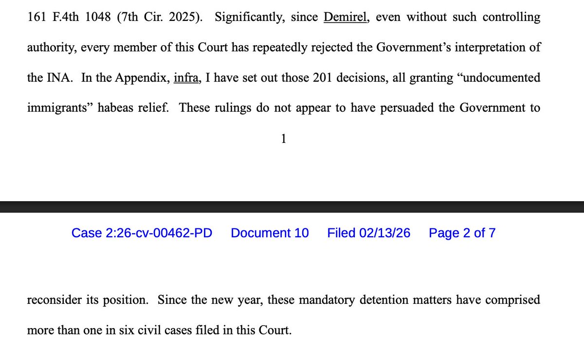 kyledcheney's tweet photo. Here, Judge Diamond orders a bond hearing for a detained Russian national -- and then lays out that 1/6 cases filed in the Eastern District of Pennsylvania have been ICE detentions. And every ruling (201) has gone againt the government. https://t.co/YoSQBASVOm https://t.co/tj6zLyMxjA
