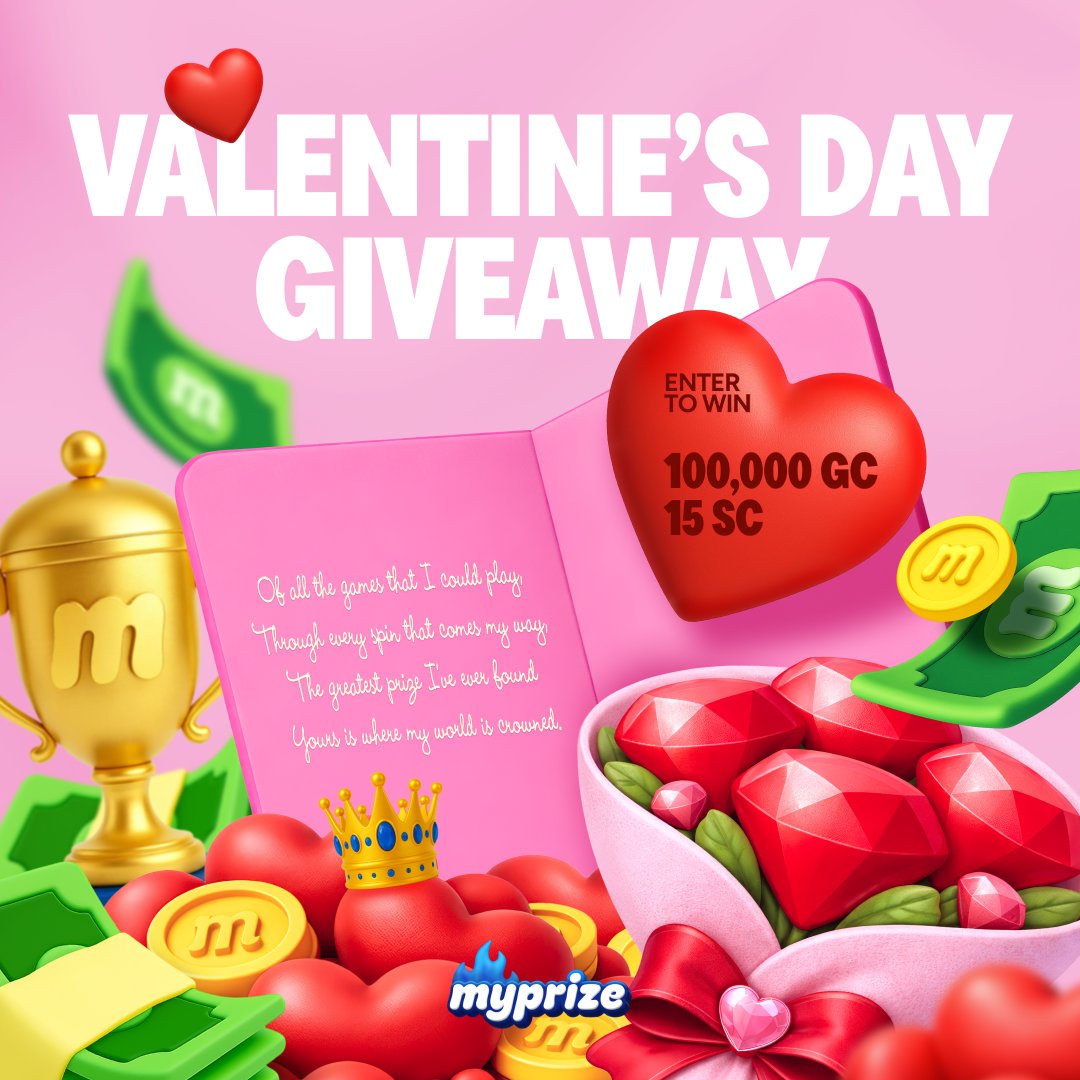 Roses are red 💞
Violets are blue
Spin into Valentine's
And we might pick you

We're giving away 100,000 GC + 15 SC to 5 players and spreading a little extra love this season.

To enter:
❤️Tag your Valentine
👍 Like this post
🔃 Follow <a href="/myprizeus/">MyPrize US</a> 

Love is in the air, and so are