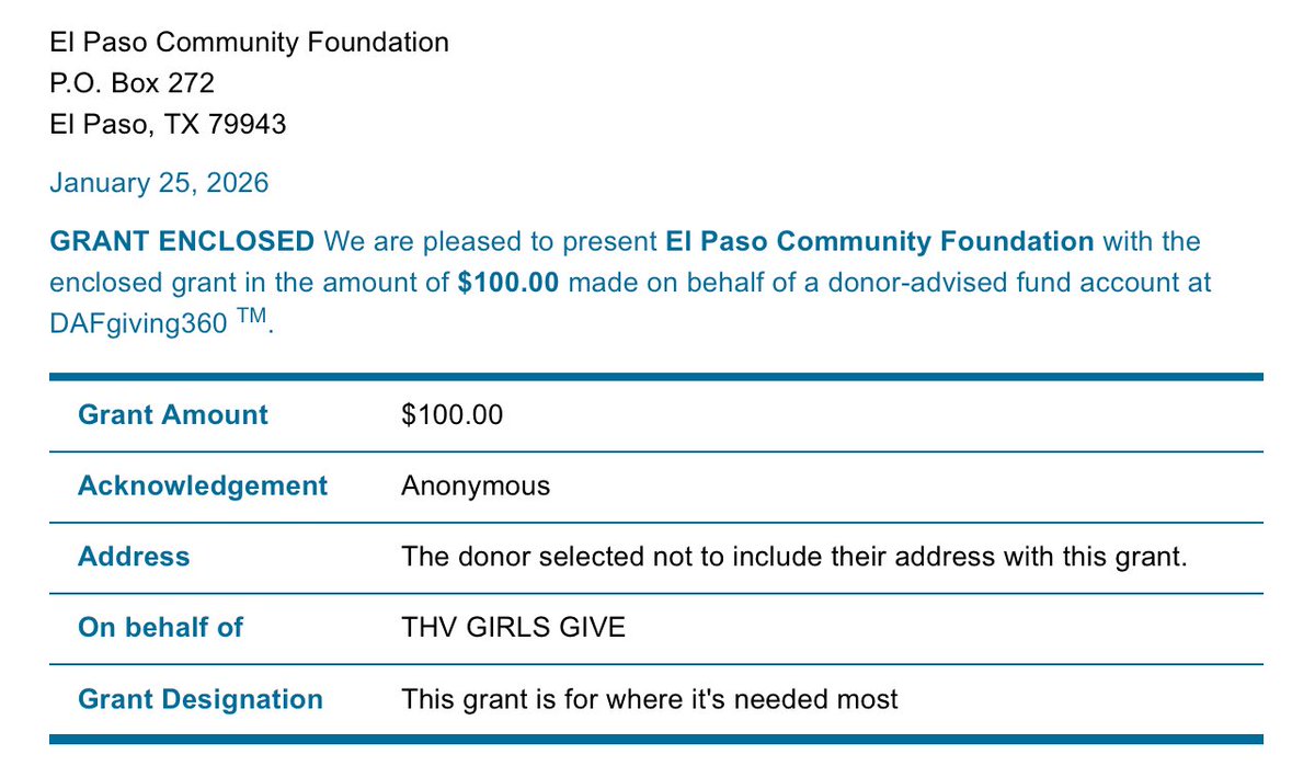 EL PASO 

"I’ve volunteered for Community Foundations before, and <a href="/ElPasoCF/">El Paso Community Foundation</a> understands what is needed in the local community at that point in time." #THVGIRLSGIVE 

epcf.org/give/donate