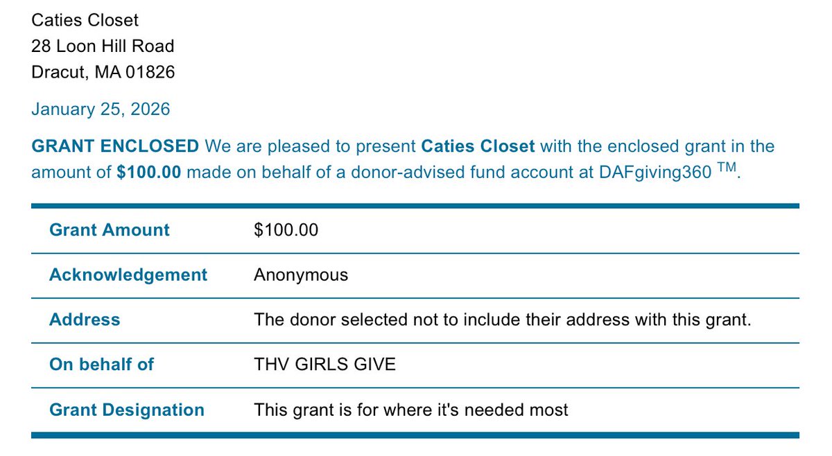 BOSTON (Foxborough) 

" <a href="/Caties_Closet/">Catie's Closet</a> is a smaller org with focus on school supplies/clothes so a donation there would have impact." #THVGIRLSGIVE 

catiescloset.org