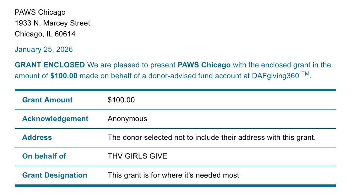 CHICAGO

<a href="/PAWSChicago/">PAWSChicago</a> has helped reduce the number of homeless pets killed in Chicago by over 90% since their founding. “We donate to this cause annually.” #THVGIRLSGIVE 

pawschicago.org/how-to-help/do…