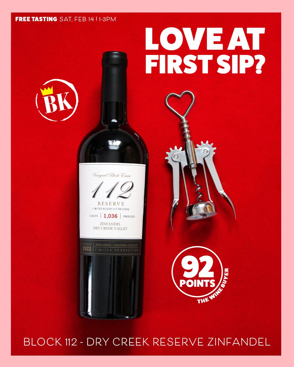 Love is in the air…and in your glass!❤️🍷#FREE tasting!

BLOCK 112 – DRY CREEK RESERVE #ZINFANDEL

From the hills of Dry Creek Valley, this limited Reserve Zin bursts w/ blackberry, plum, cherry, cocoa &amp; spice!❤️‍🔥

🌟 92 Points | The #Wine Buyer

🗓2/14 | 1-3PM
📍All BK Locations