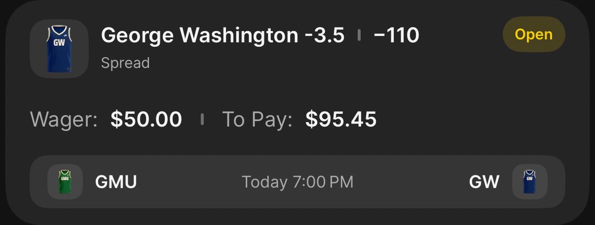 🚨🚨Play of the Day🚨🚨

Not huge fans of the slate tonight, so we’re just going with one 5U POTD🔥

One of either Castro or Benjamin back tonight and a GW team that’s played good teams tough lately, like GW to get revenge. <a href="/Chris_Bengel88/">Chris</a> 

#CollegeBasketball 
#GamblingTwitter