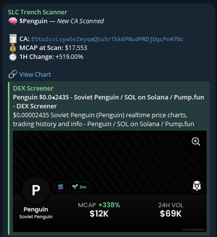 $Penguin ran 600%+ after SLC's Trench Scanner alert!

ESto2cvLsywSvZeyqaQSu5rTkk6PNudPRDjDqcPo47Gc
____
Interested in the SLC Trench Scanner? DM “Access” to <a href="/scanner_SLC/">SLC Trench Scanner</a>
—
Interested in the SLC Black Ledger Discord? Apply at slcblackledger.org
——