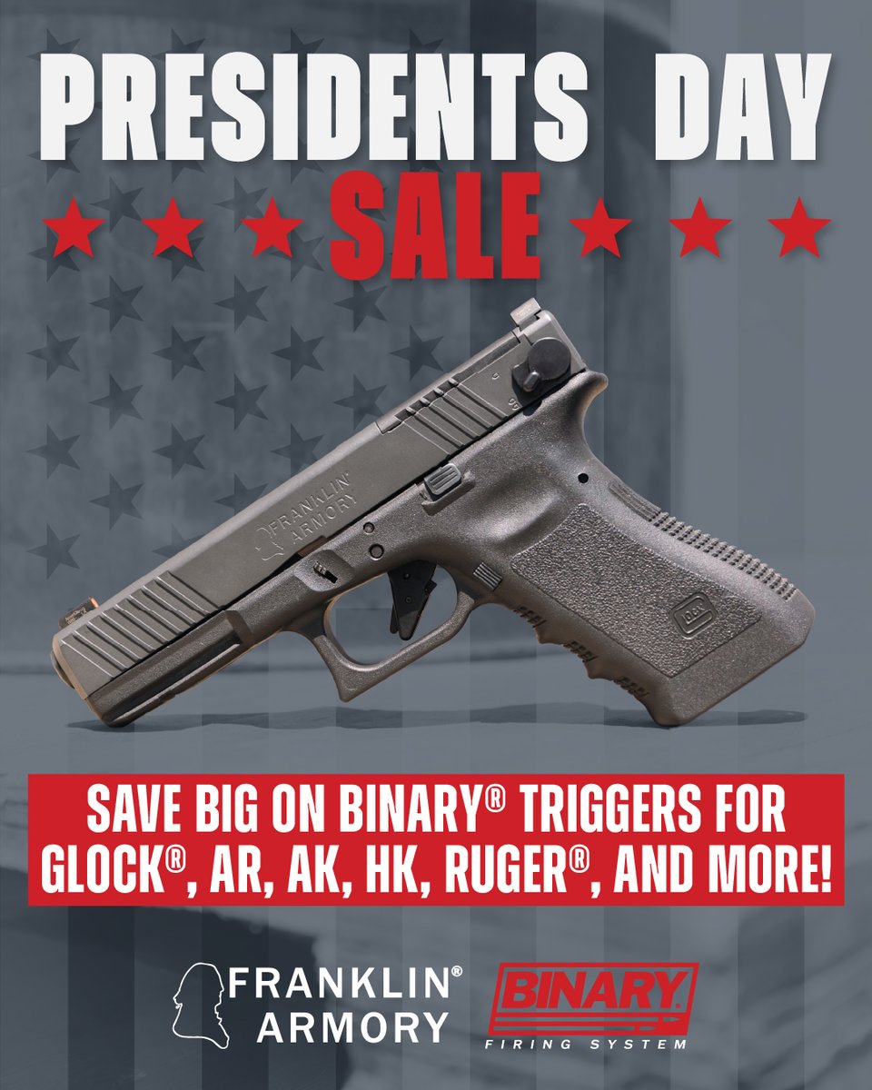 FranklinArmory's tweet image. Get ready for spring range sessions with our Presidents Day Sale. Save BIG on our Binary Triggers, rifles, BLRs, and more! #PresidentsDaySale #2A #PewPew