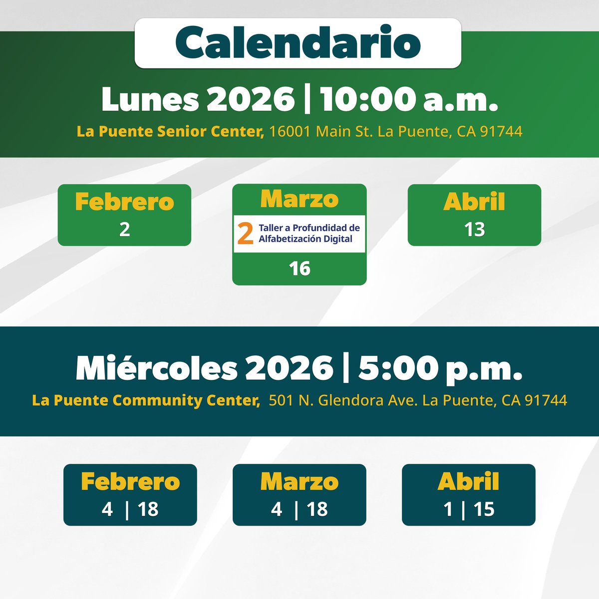 CityofLaPuente's tweet image. Nuestros Talleres Digitales son el primer paso para mejorar tus habilidades tecnológicas, conocer nuevas herramientas y descubrir juntos las novedades.

📆 Enero – Abril 2026
📝 Regístrate aquí: bit.ly/DigitalLiterac…

#LaPuente #DigitalSkills #LearningTogether #Community