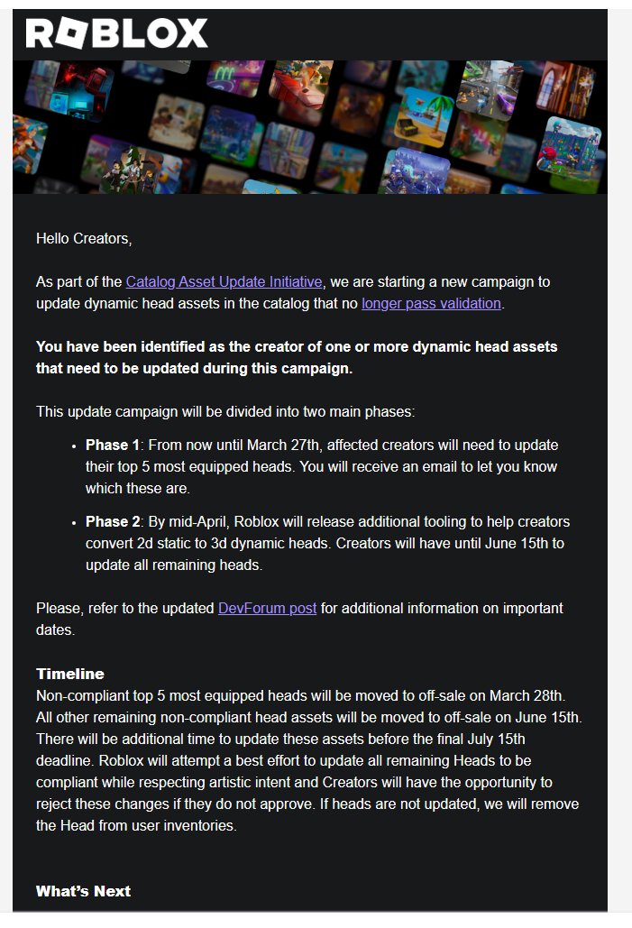 <a href="/Roblox/">Roblox</a> This will litterly put me out of business and I will lose my home. My top characters and heads make a significant amount of my income and are impossible to meet the new standards that require these giant mouths and eyes. There is no creativity to be had. It is impossible.