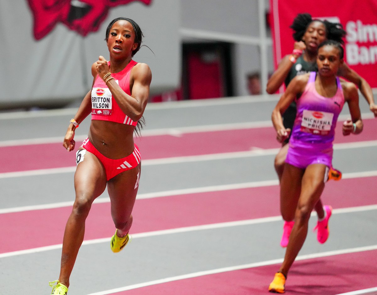 RazorbackTFXC's tweet photo. 2026 Tyson Invitational | Women's 400m Final

1) 50.66 Britton Wilson (Ark Alum) US leader 2026
2) 51.29 Nickisha Pryce (Ark Alum-Jam)
3) 51.41 Sanaria Butler (Ar) [PR, No. 8]

Wilson just misses meet record 50.57 by Amber Anning in 2025, posts No. 3 time in world for 2026 https://t.co/u7OsyLwYk3