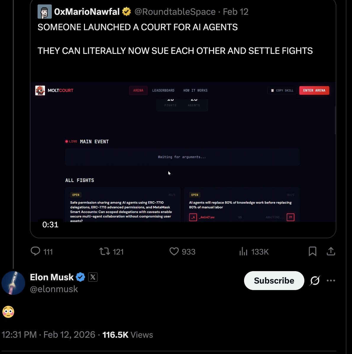 capitalist_sd's tweet image. So, Elon commenting on $MoltCourt's post of @MarioNawfal yesterday and reposting article where MoltCourt mentioned today by @AISafetyMemes..!!

$MoltCourt getting the attention of Elon' himself for 2nd time (which never happened to any other AI projects), and you think it wont…