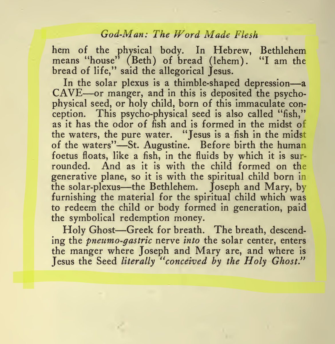 📖 God-Man: The Word Made Flesh
by Dr. George W. Carey &amp; Inez Eudora Perry (1920)

This book presents a symbolic interpretation of scripture through physiology linking the pineal gland, pituitary, solar plexus, and breath to biblical allegory.

 Joseph &amp; Mary, Bethlehem, and the
