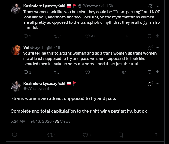"right wing patriarchy" and its just the truth + i voted for kamala so wtf are u talking about?  you're not even trans you cant speak for other left wing trans women who clearly dont agree with you 

you're Pathetic! <a href="/KYszczynski/">Kazimierz Łyszczyński 🇵🇱🚩</a>