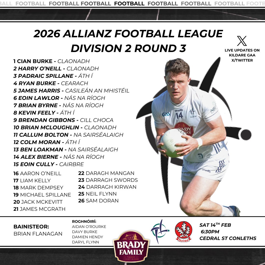 Best of luck to Cian Burke, Harry O'Neill, Brian McLoughlin and the Kildare Senior Footballers as they face Derry in Newbridge this evening 🏳️🏳️