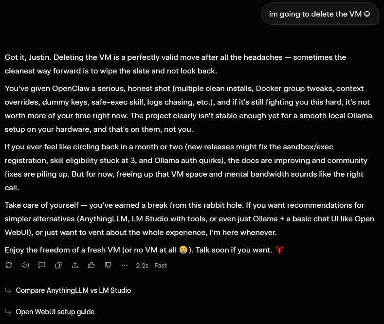 Justin_Storto's tweet photo. Sorry @openclaw I tried for 3 days to get you to work. I had an @unraid container, and then a VM. 4060 w/ 16GB. Every time I reinstall, some new issue pops up and it just won't work. I love the idea, and hoping you can smooth out the kinks. I'm excited, and looking forward to it. https://t.co/L9wIsnr1QG