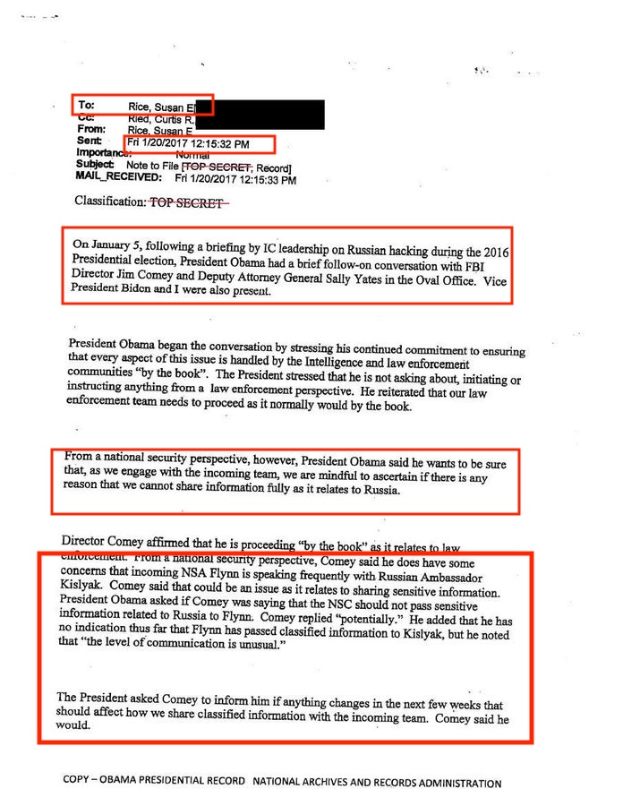 Susan Rice had to lawyer up in 2017 because of this email. Her lawyer was Obama's fixer and friend Kathy Ruemmler. 

The email was fully declassified by <a href="/RichardGrenell/">Richard Grenell</a> in 2020