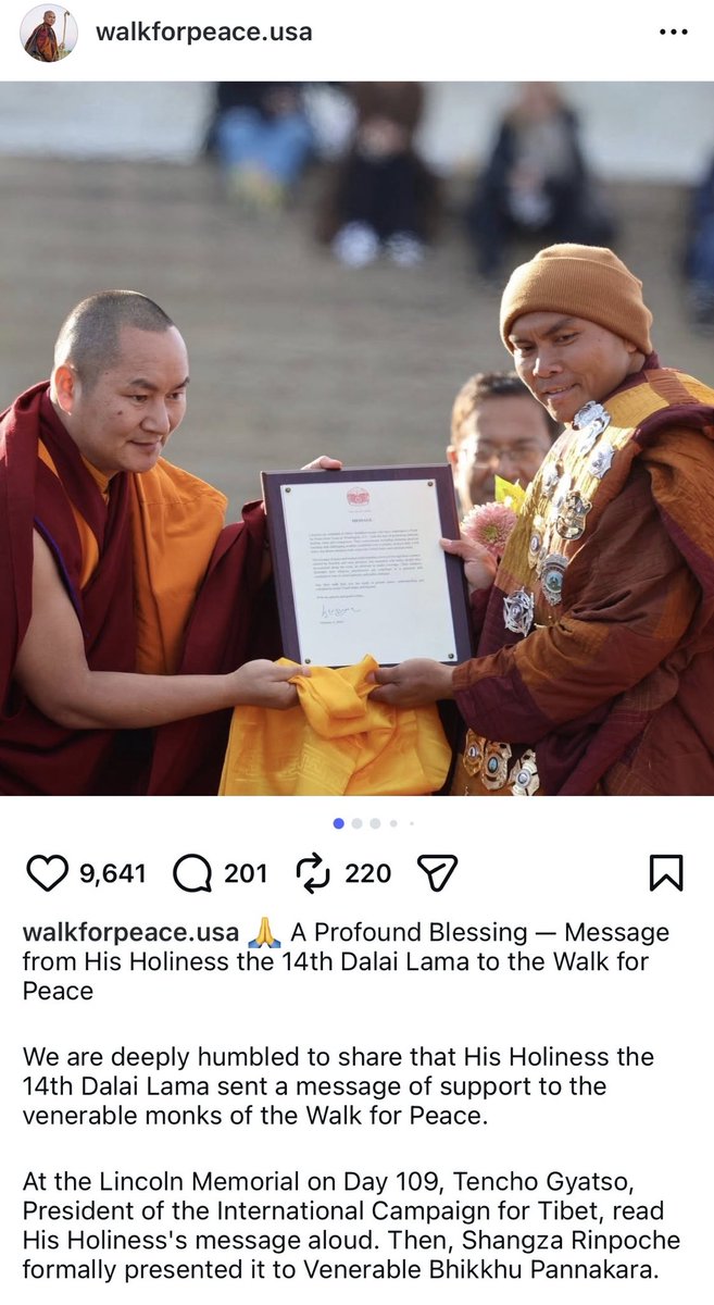 The #WalkForPeace monks express gratitude to HH the #DalaiLama for his message of solidarity ནང་པའི་གོམ་བགྲོད་པར་༧གོང་ས་མཆོག་གི་གསུང་འཕྲིན་གནང་བར་བཀྲིན་ཆེ་ཞུས་འདུག