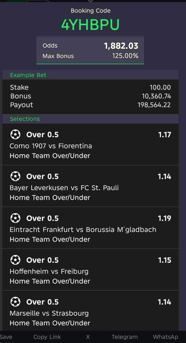 1,882 ODDS

Sportybet Code.  4YHBPU

Join Telegram Channel t.me/CindyKBDTips

Kindly Retweet 🔁
