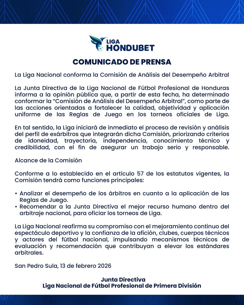 Bien por la <a href="/lnfphonduras/">Liga Hondubet</a> .
Se empiezan a dar pasos concretos para adecentar el arbitraje en nuestro país.

OV, BP y compañía deben dar un paso al costado. En la <a href="/FFH_Honduras/">Federación de Fútbol de Honduras (FFH)</a> el silencio ya no es opción. 🤫