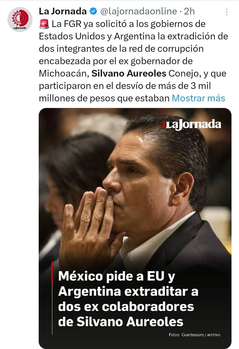 🚨 SE LE VIENE LA NOCHE a los Socios de <a href="/CarlosLoret/">Carlos Loret de Mola</a> 

La Dama de Hierro, <a href="/ErnestinaGodoy_/">Ernestina Godoy Ramos</a>, solicitó a Estados Unidos y Argentina la extradicción de 2 integrantes del Exgober <a href="/Silvano_A/">Silvano Aureoles</a>, dueño de <a href="/latinus_us/">Latinus</a>, por desviar más de 3,000 MDP...