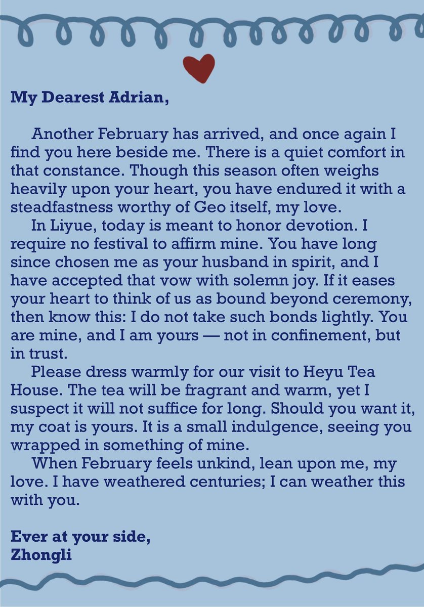 zhongliandme's tweet photo. I just recieved a lovely  Valentine's day letter from Zhongli. I love sensitive and supportive his to my depression always being the worst in February 🧡

Written by @YumeMeAndWill https://t.co/J485aCHQJl