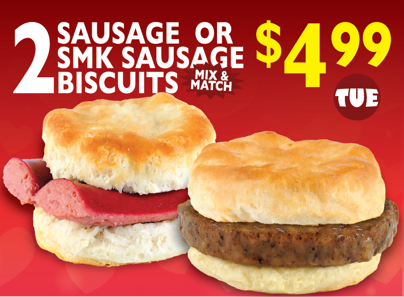 Sausage or Smoked Sausage Biscuits — mix &amp; match every Tuesday!

#dodges #dailyspecials #DodgesChicken #breakfast #breakfasttime