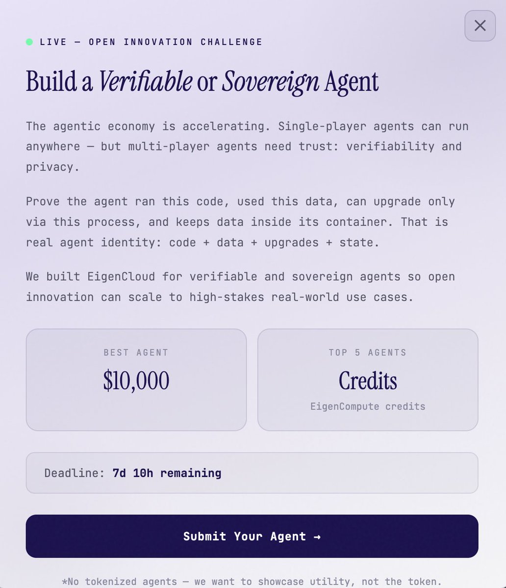 eigencloud's tweet photo. 📣 ICYMI: @sreeramkannan is committing $10,000 for the best verifiable or sovereign agent built on EigenCompute / EigenCloud.

- Top 5 get EigenCompute credits.
- Submit by Feb 20 (11:59pm PT)

 No tokenized agents.

More details: https://t.co/geB1amm2w3