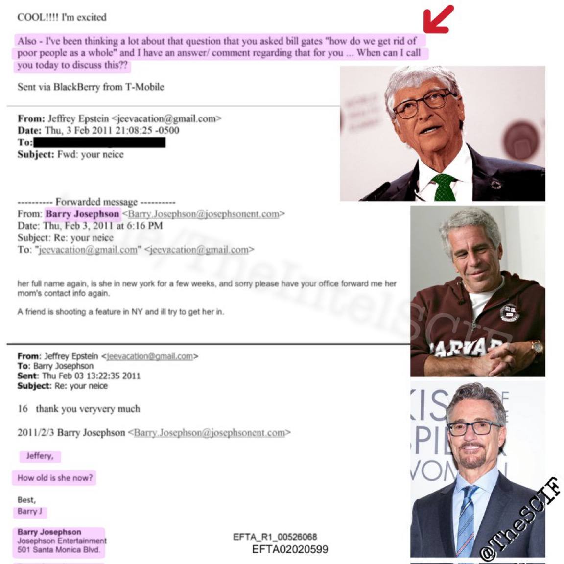 azulojo2023's tweet image. Des documents relatifs à Epstein révèlent un courriel datant de 2011, envoyé par le producteur hollywoodien Barry Josephson à Jeffrey Epstein. Dans ce courriel, Josephson écrit :

«J’ai beaucoup réfléchi à la question que tu as posée à Bill Gates : “Comment se débarrasser des…