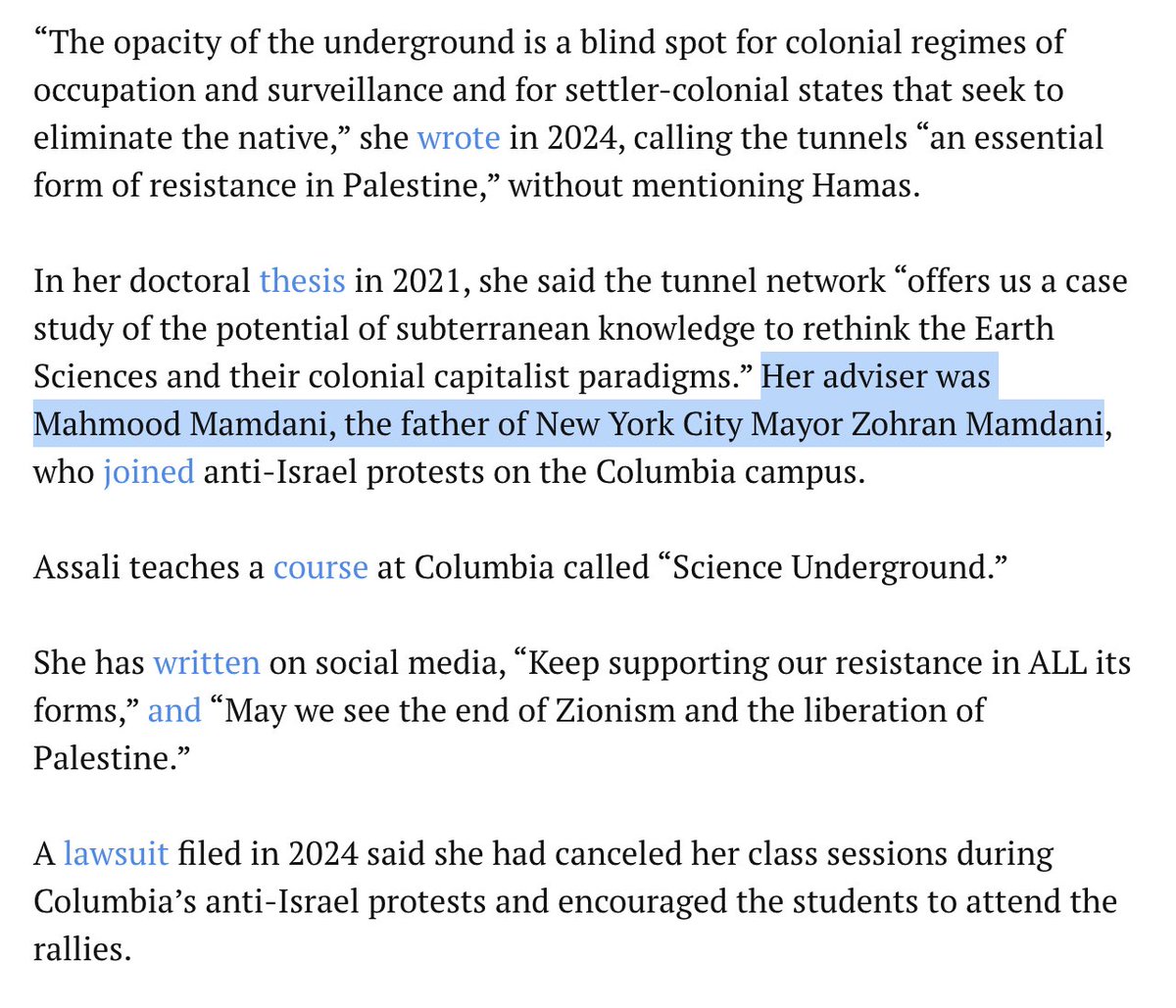 CUJewsIsraelis's tweet photo. This CUNY event praising Hamas tunnels is being led by @Columbia postdoc Hadeel Assali. Her dissertation on the tunnels was advised by Prof. Mahmood Mamdani, Zohran Mamdani's father. Support for terrorism is everywhere at Columbia, and it's being exported citywide. https://t.co/l4g9Mywc1v