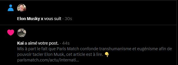 Petit exemple de Bots :
1 seconde pile après avoir posté mon tweet, j'ai eu un like et 15 secondes après un nouvel abonné. 😆
Ces bots sont programmés pour tilter sur le nom d'Elon Musk.
Je serais curieux de savoir combien il y a de bots programmés sur différents sujets. 🤔