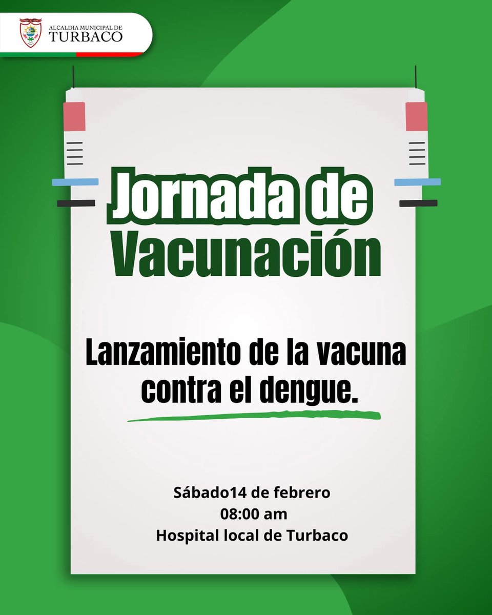 La administración Municipal en cabeza de su alcaldesa <a href="/claudiaturbaco_/">Claudia Espinosa</a>  invita a toda la comunidad al lanzamiento de la vacuna contra el dengue.
#juntosconstruimosfuturo❤️💚