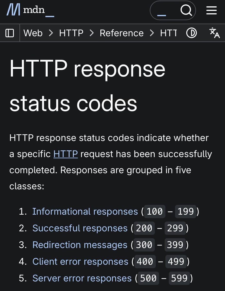 qasimrokeeb's tweet photo. #30DaysOfCoding
Day 28 of learning backend fundamentals.
Today, I revisited the different http response and their meaning. I also covered principles of API design.
Here are some of the response codes and what they mean :
200 → Success
201 → Resource created
400 → Client error (bad input)
401 → Not authenticated
403 → Not authorized
404 → Not found
500 → Server error
A good revision helps keeps knowledge intact.
Resources used :
MDN Docs on HTTP status codes.
Day 29 next.