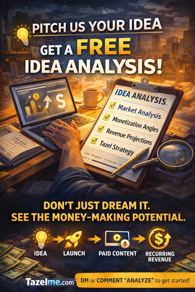 LesterLind58122's tweet image. Got an idea you can’t stop thinking about? 💡

Stop overthinking it.
Start validating it.
At Tazelme.com we’re offering a FREE Idea Analysis for creators and entrepreneurs.

You pitch us your idea.
We send back:

✅ Market analysis
✅ Monetization angles
✅ Revenue